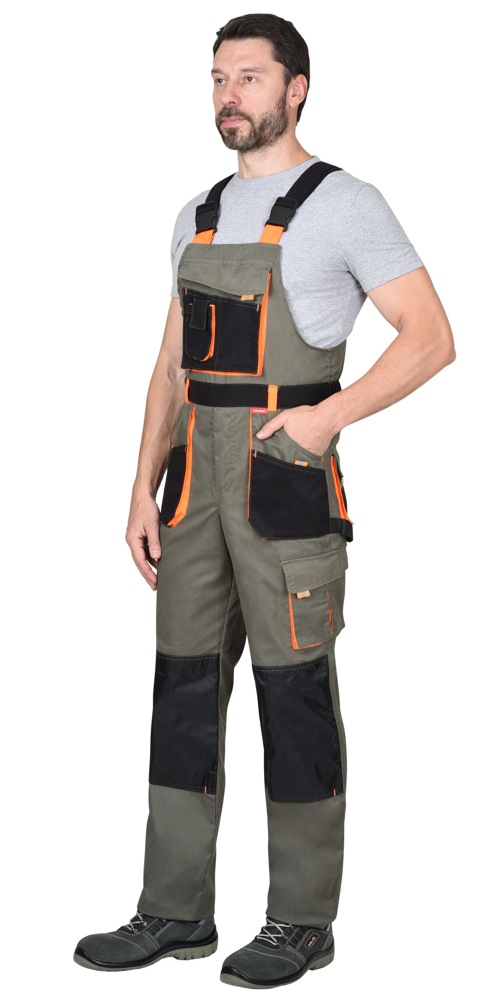 Полукомбинезон СИРИУС-МАНХЕТТЕН оливковый с оранжевым и чер. тк. мех. стрейч пл 260 г/кв.м 