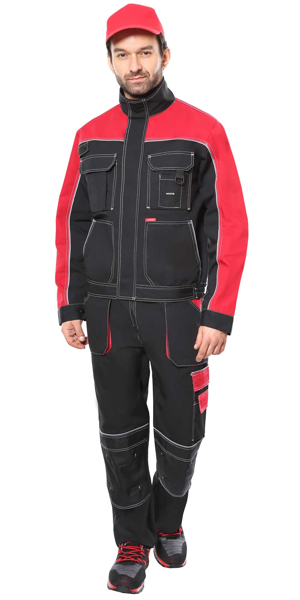 Костюм СИРИУС-АГАТ куртка, п/к черный с красным пл. 260 г/кв.м. ВО отделка
